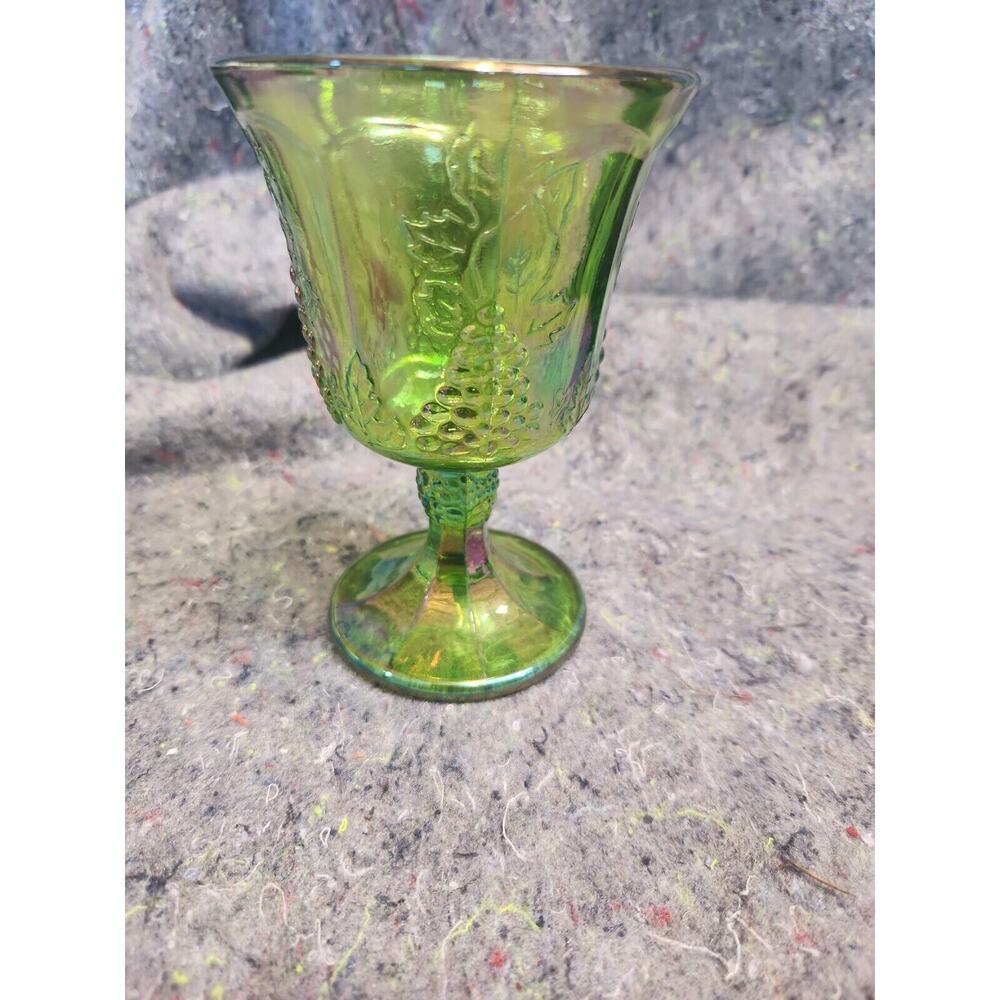 Vintage Indiana Carnival Glass Iridescent Lime Green Goblet Harvest Grape